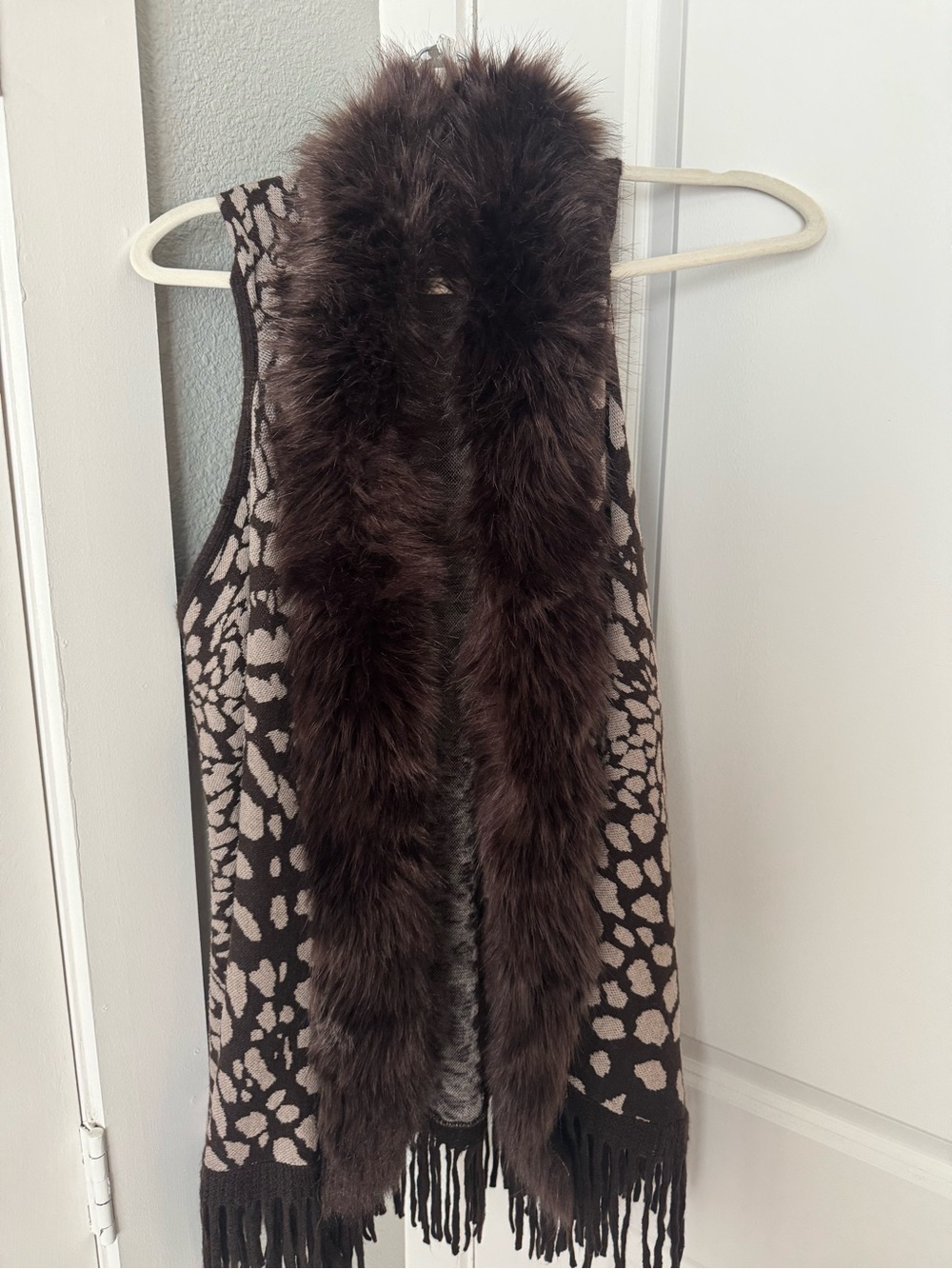 Faux Fur Trim Brown Patterned Fringe Vest